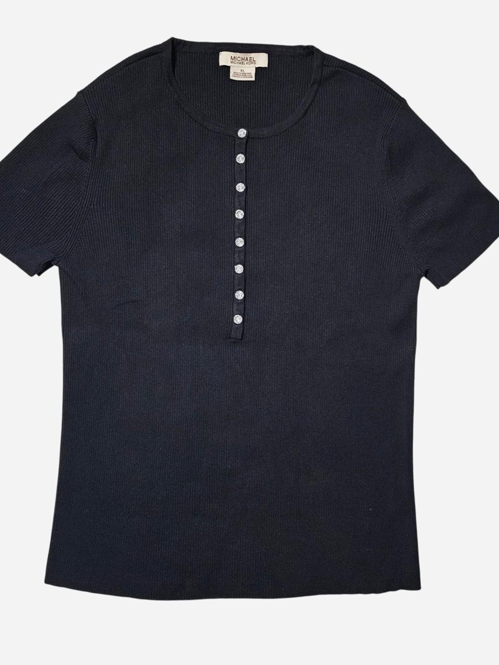 Michael Kors Black Short-Sleeve Ribbed Henley with Rhinestone Snap Buttons